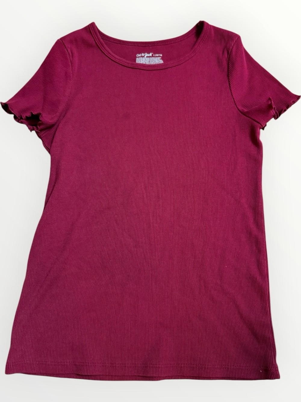 Cat & Jack Girls Ribbed Lettuce Trim Short Sleeve Tee L 10/12 Maroon
